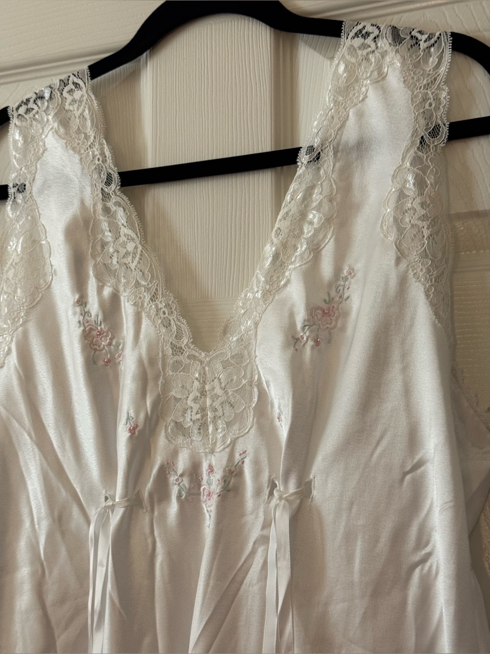 Satiny White Lace-Trimmed Chemise with Ribbons & Pink Embroidery from Barbizon - Picture 6 of 13